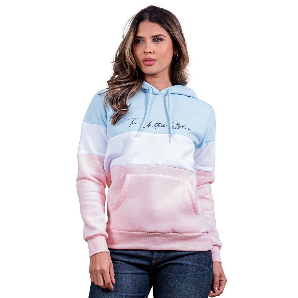 Moletom Feminino TXC Rosa Branco e Azu Com Capuz e Bolso Canguru - Ref. 9190