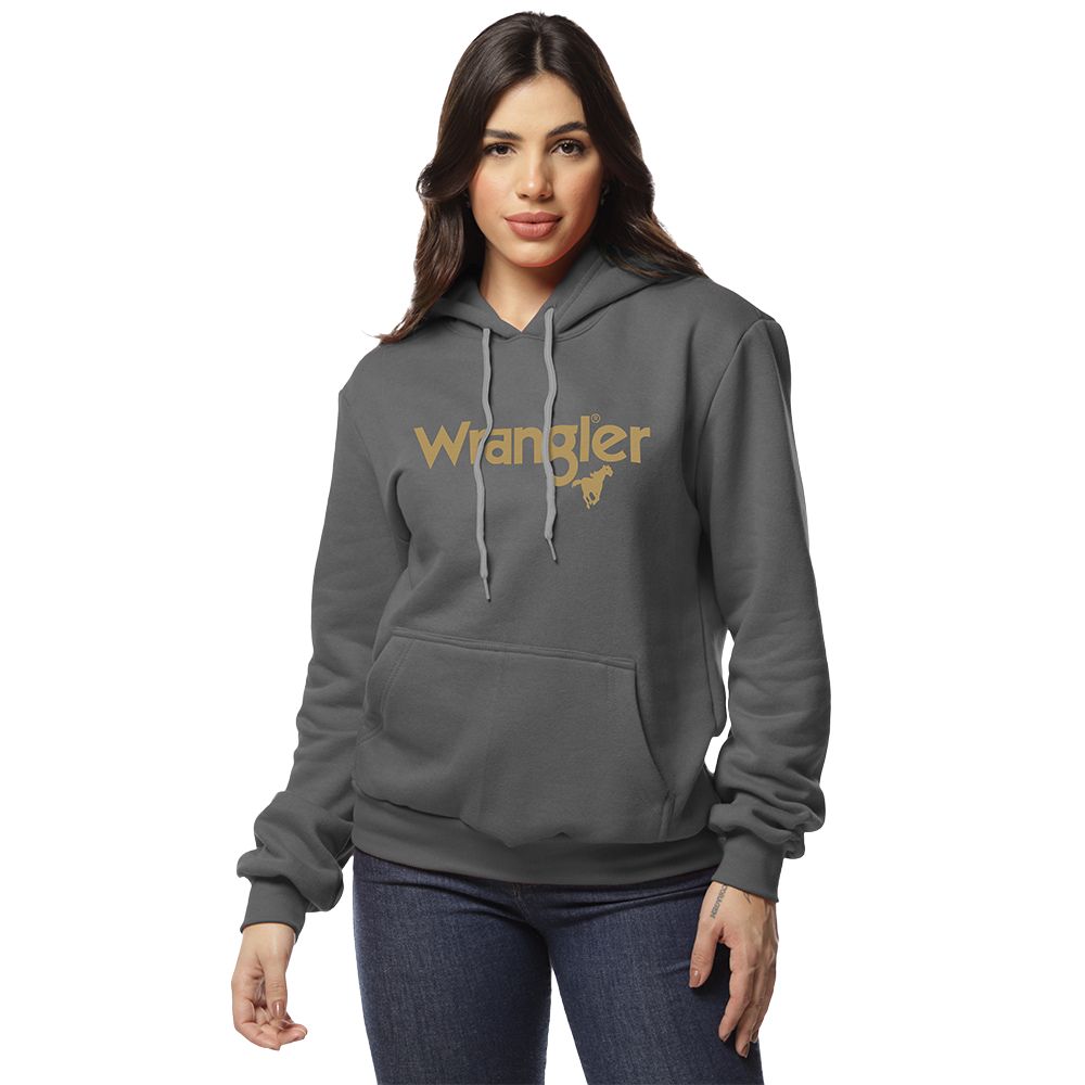 Moletom Feminino Wrangler Com Capuz Modelo Canguru Cinza Chumbo Estampado Amarelo Ref:WF9533 CB