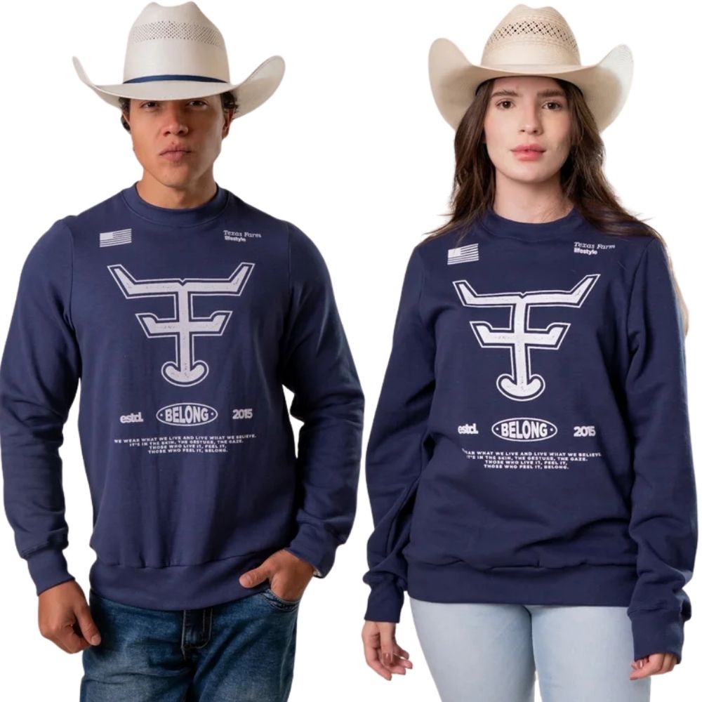 Moletom Unissex Texas Farm Gola Careca Lifestyle Azul Marinho Estampa Branca - REF:MTC002