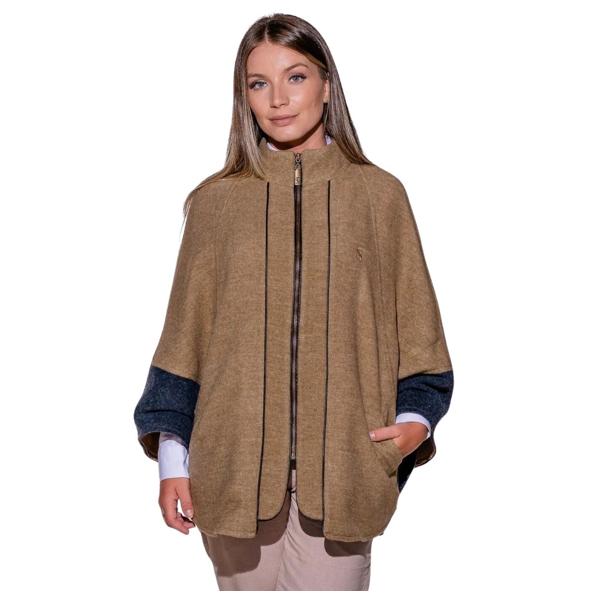 Poncho Feminino Santa Fé Merina Com Zíper E Bolsos Caramelo Mescla E Azul Com Forro