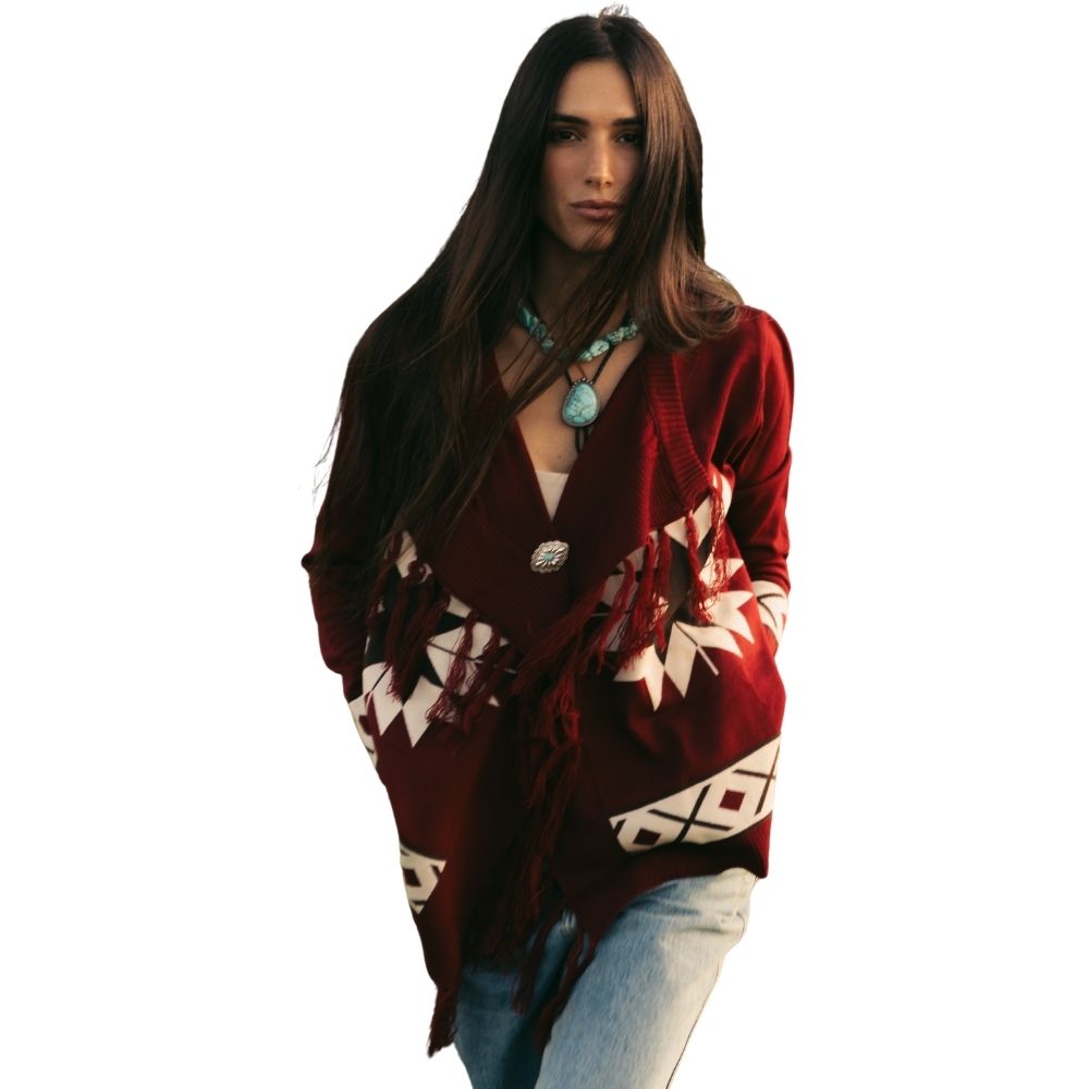 Poncho Feminino Turkese Arizona Red Manga Longa Vermelho Vinho Aberto Com Franjas - REF:PON4601