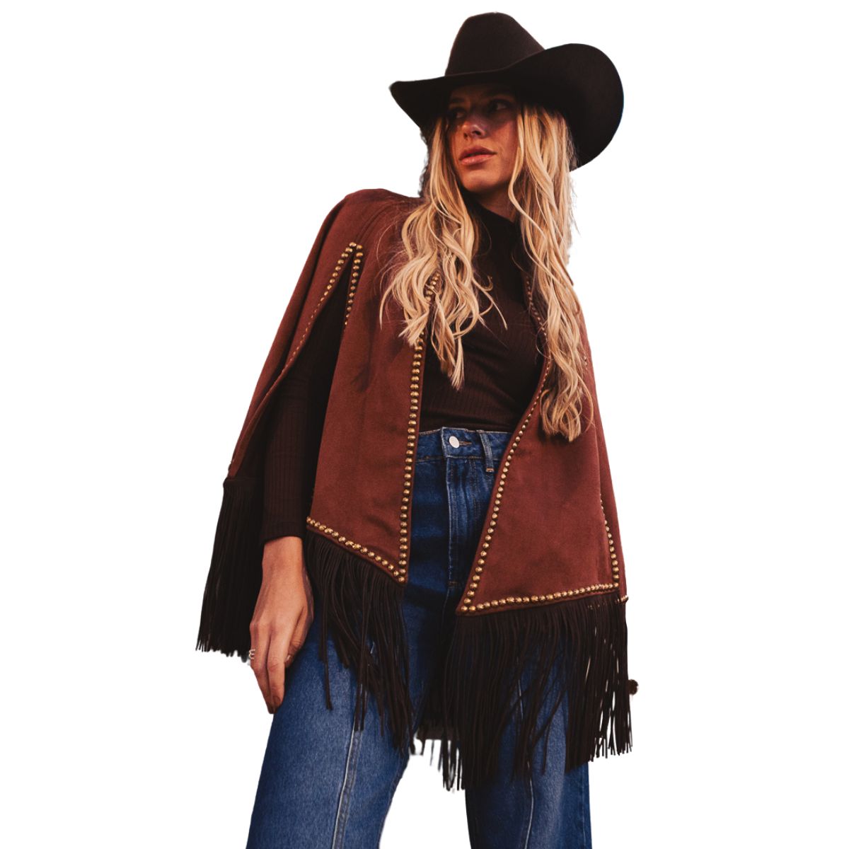 Poncho Feminino Turkese Tennesse Brown Suede Marrom Franjas Aberto Aplicação Ouro Velho Ref: PON6602