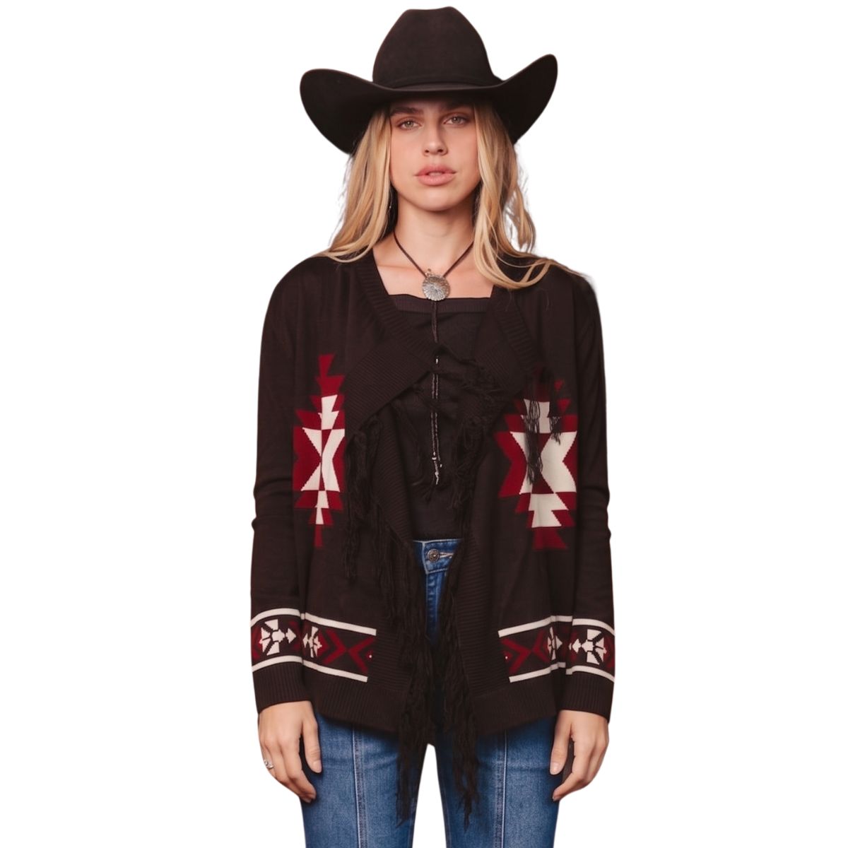 Poncho Feminino Turkese Tribal Valley Manga Longa Marrom Aberto Com Franjas Ref: PON6601