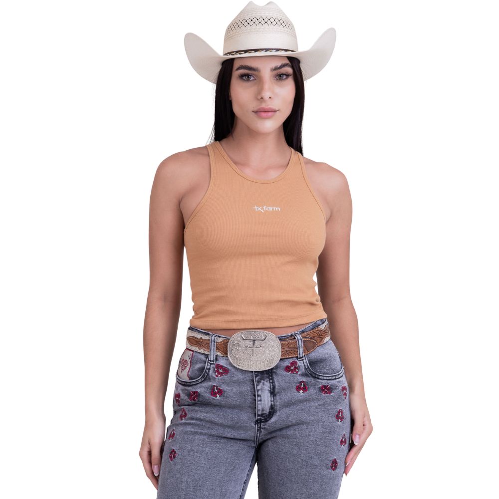 Regata Feminina Texas Farm Canelada Western Show Ocre Com Logo Branco Ref:RT002