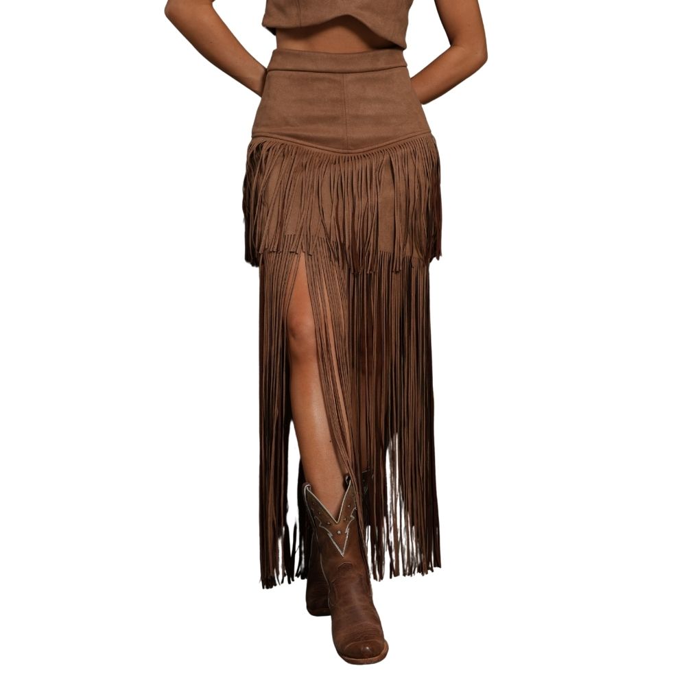 Saia Feminina Country City Alice Tecido Grosso Marrom Com Franjas Longas Ref: CJ2091S