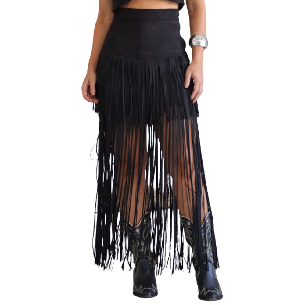 Saia Feminina Country City Preto Tecido Grosso Com Franjas Longas Ref: CJ 209115
