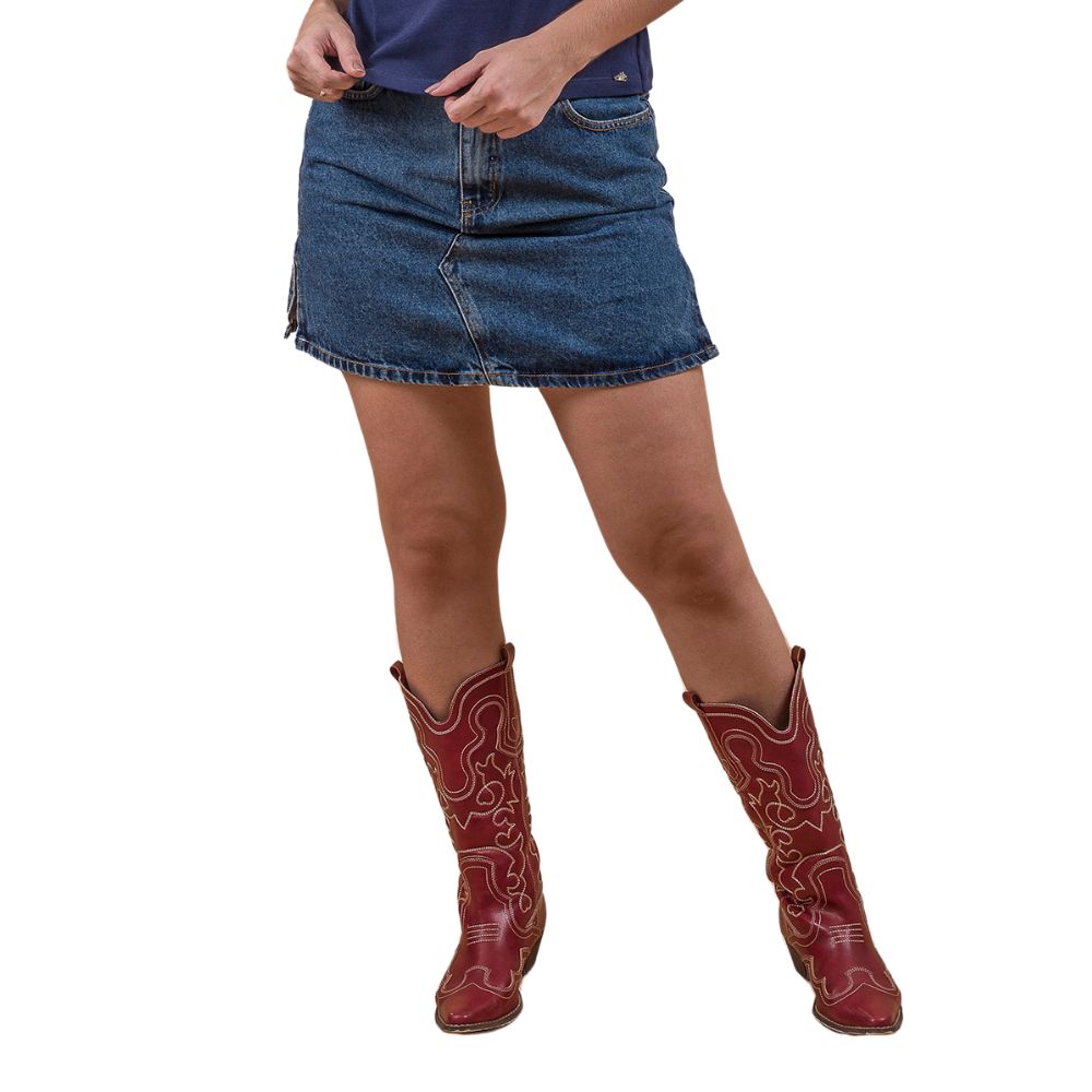 Saia Feminina Miss Country Mini Saia Jeans Azul Com Forro De Shorts Elástico Na Cintura E Faixa Cetim Ref:3238