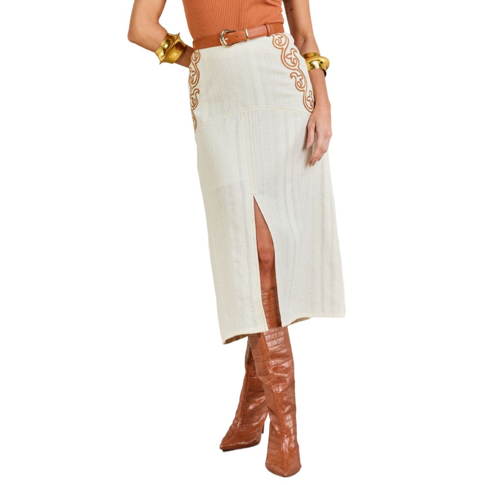 Saia Feminina Moon Horse Longa Midi Liz Off White Com Bordado Ref:01.11.449