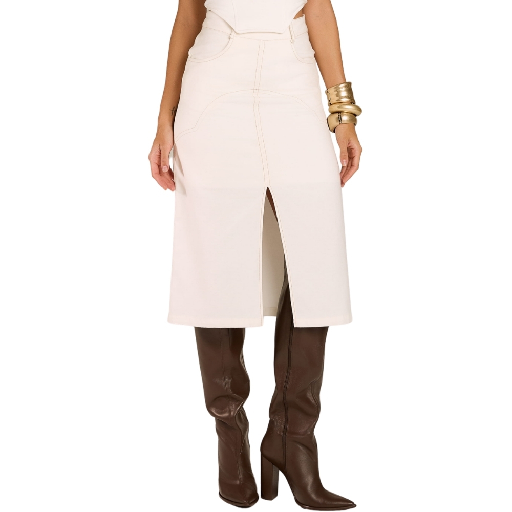 Saia Feminina Moon Horse Midi Flowers Longa Abertura Off White Bordado Marrom Bolsos De Trás REF:01.13.540