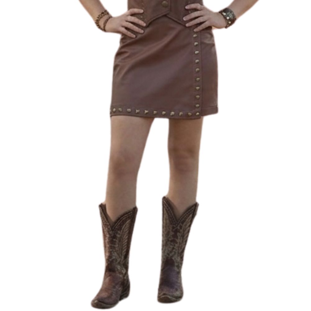 Saia Feminina Turkese Canyon Imitação Couro Marrom Rebites Dourado Envelhecido Ref: SA04604
