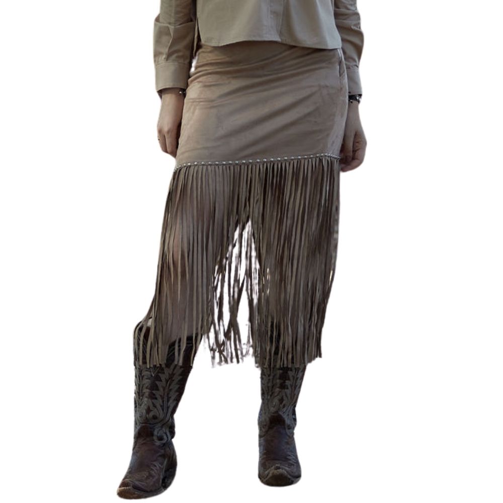Saia Feminina Turkese Dusty Route Bege Suede Curta Com Franjas Ref: SA04603