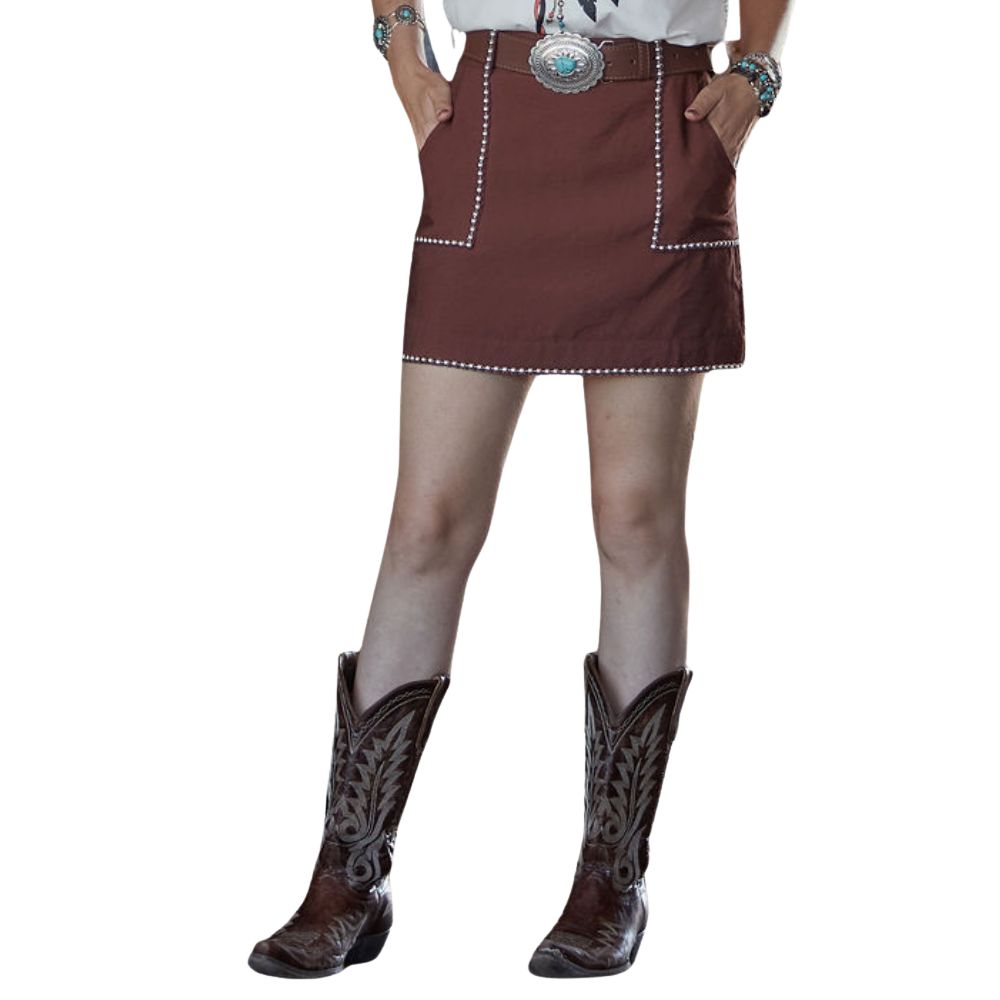 Saia Feminina Turkese Marrom Curta Bolsos Detalhes Prata Com Cinto Fivela Prata Ref: SA04605
