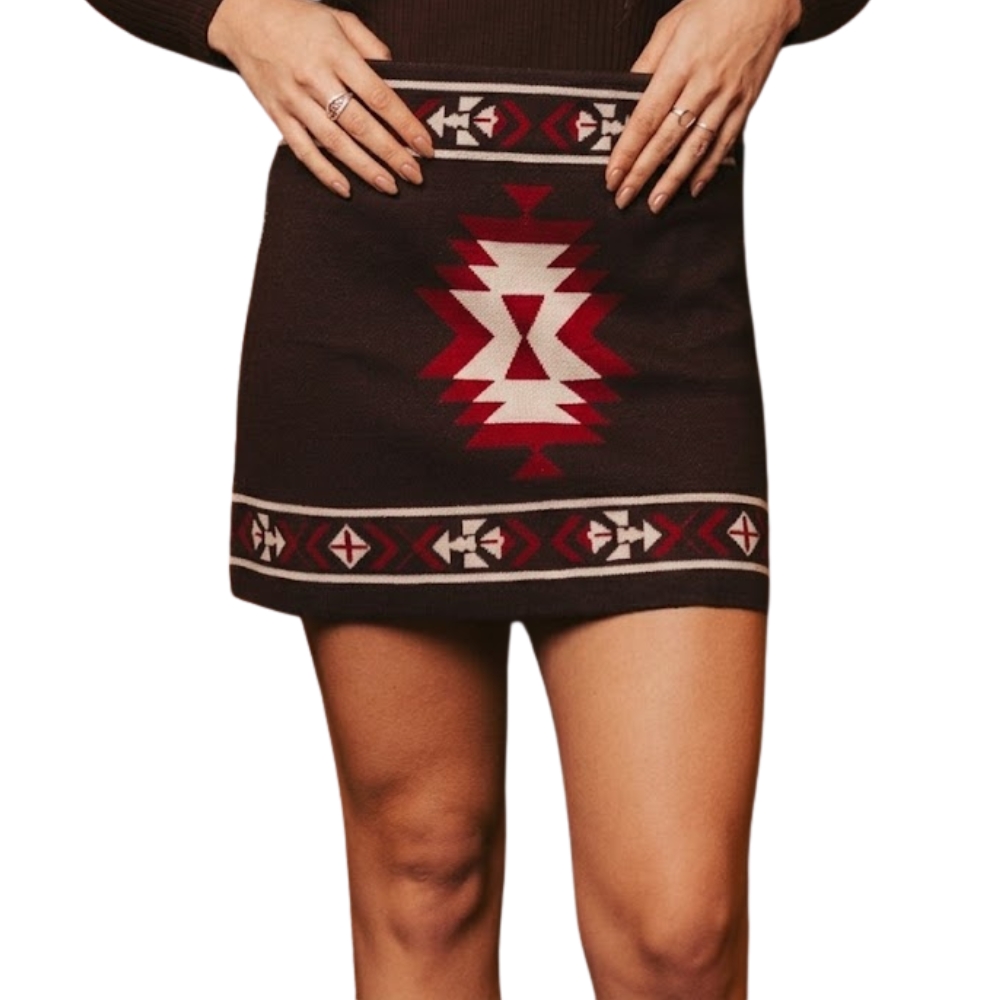Saia Feminina Turkese Tribal Valley Lã Marrom Estampada Vinho E Creme - REF:SA06603