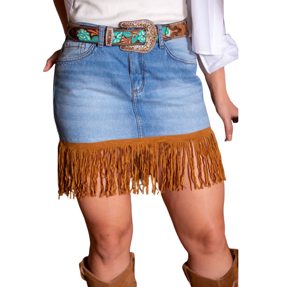 Saia Feminina West Dust Jeans Médio Apache Com Franjas Ref:MS29596
