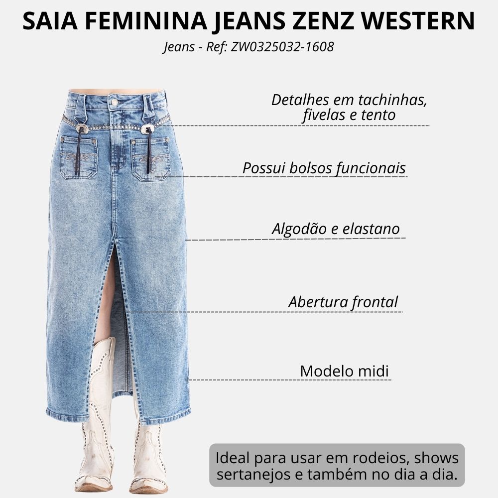 Saia Feminina Zenz Western Midi Farm Life Com Abertura Frontal E