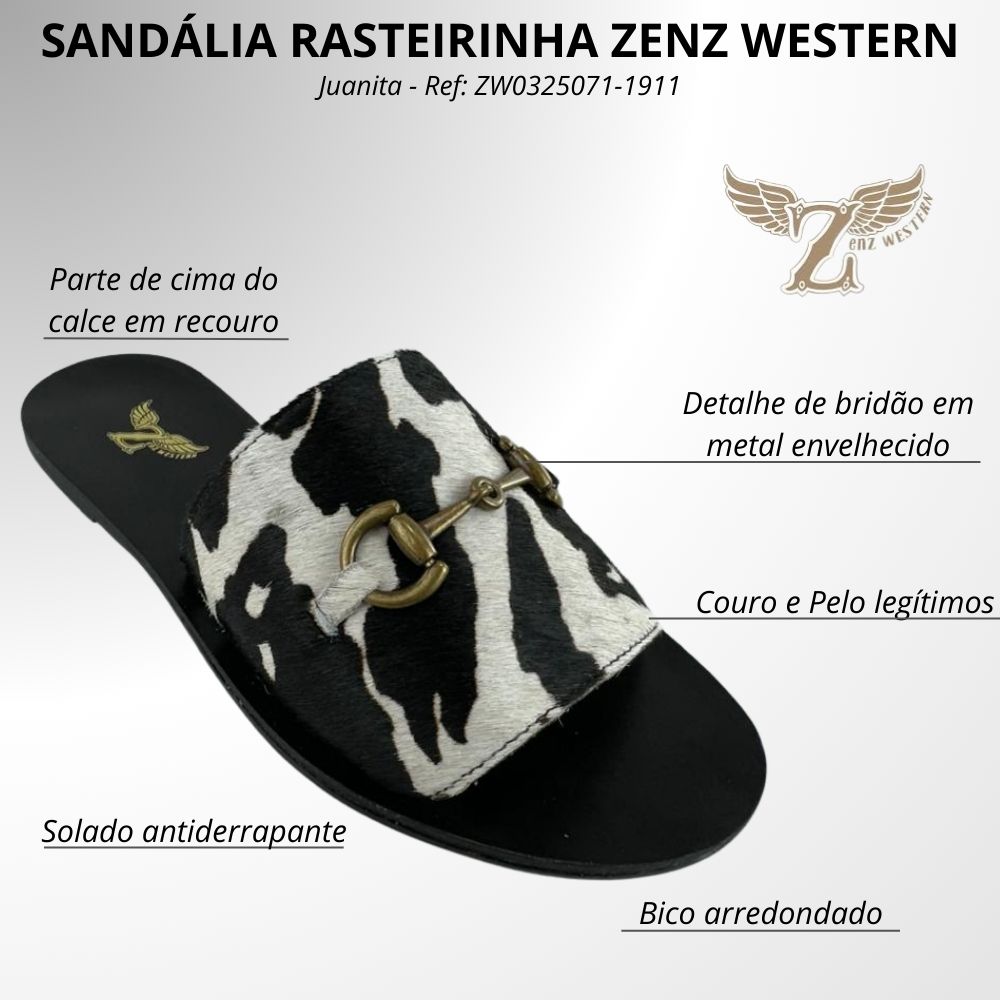 Sandália Rasteirinha Zenz Western Couro Pelo Vaca Preto E Branco