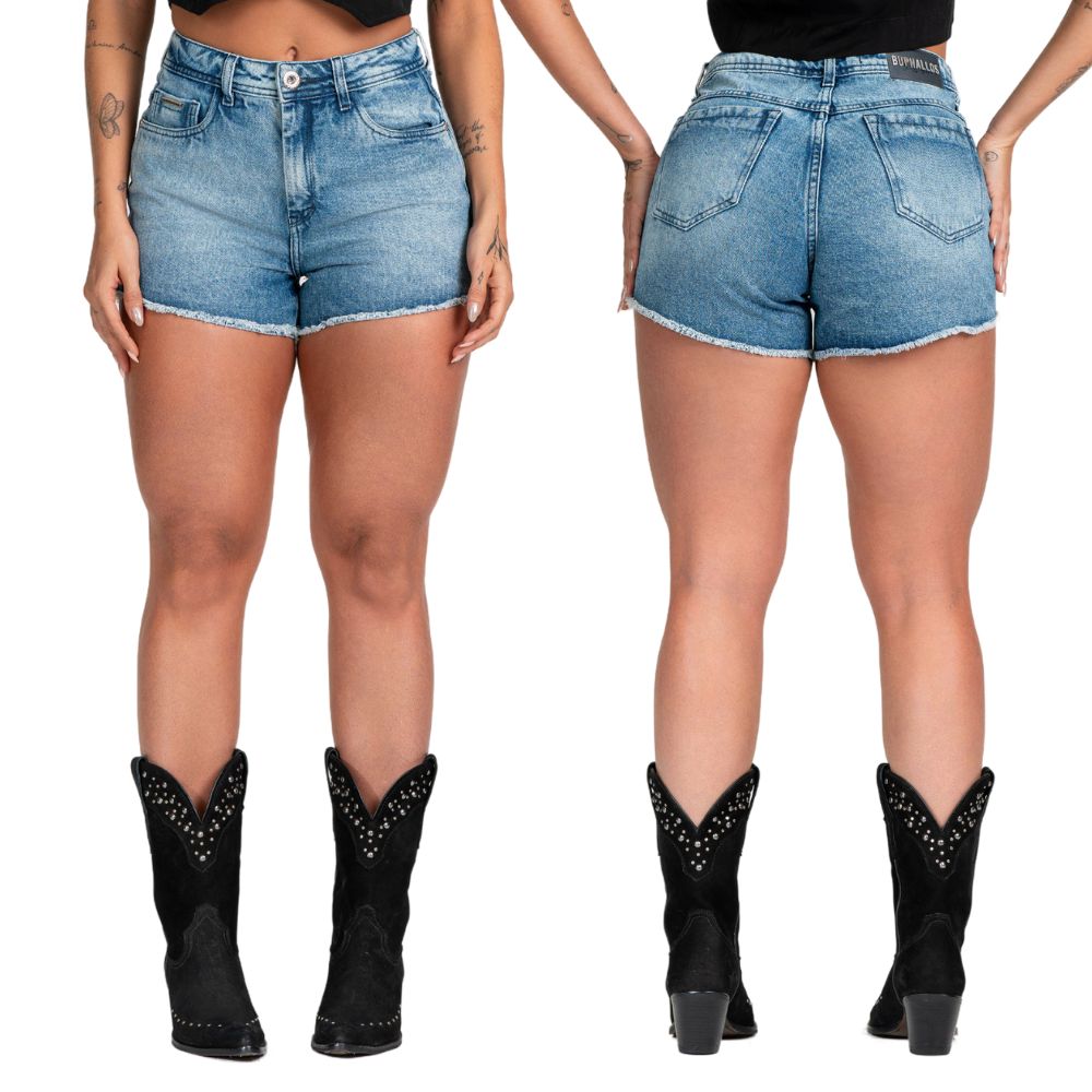 Shorts Feminino Buphallos Jeans Stonado Com Bordado Na Lateral Ref:BPL1135