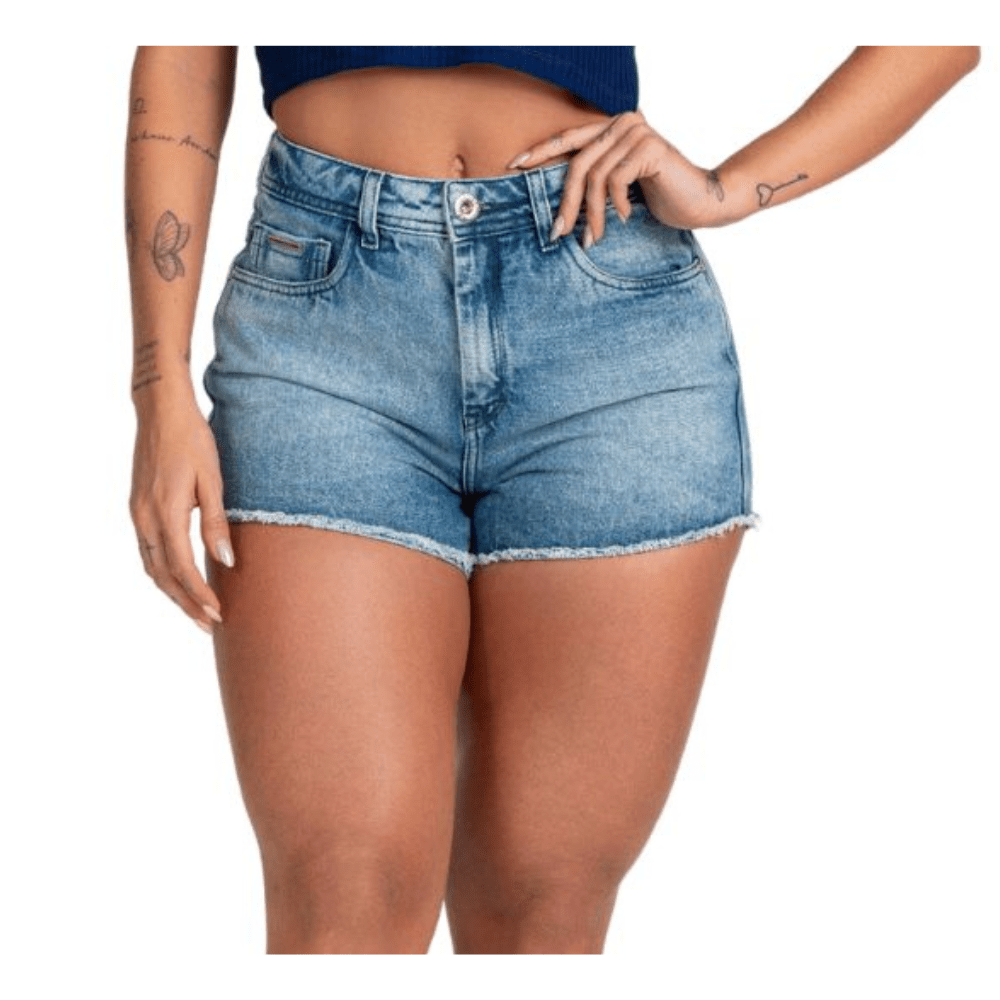 Shorts Feminino Buphallos Jeans Stonado Com Bordado Na Lateral Ref:BPL1135