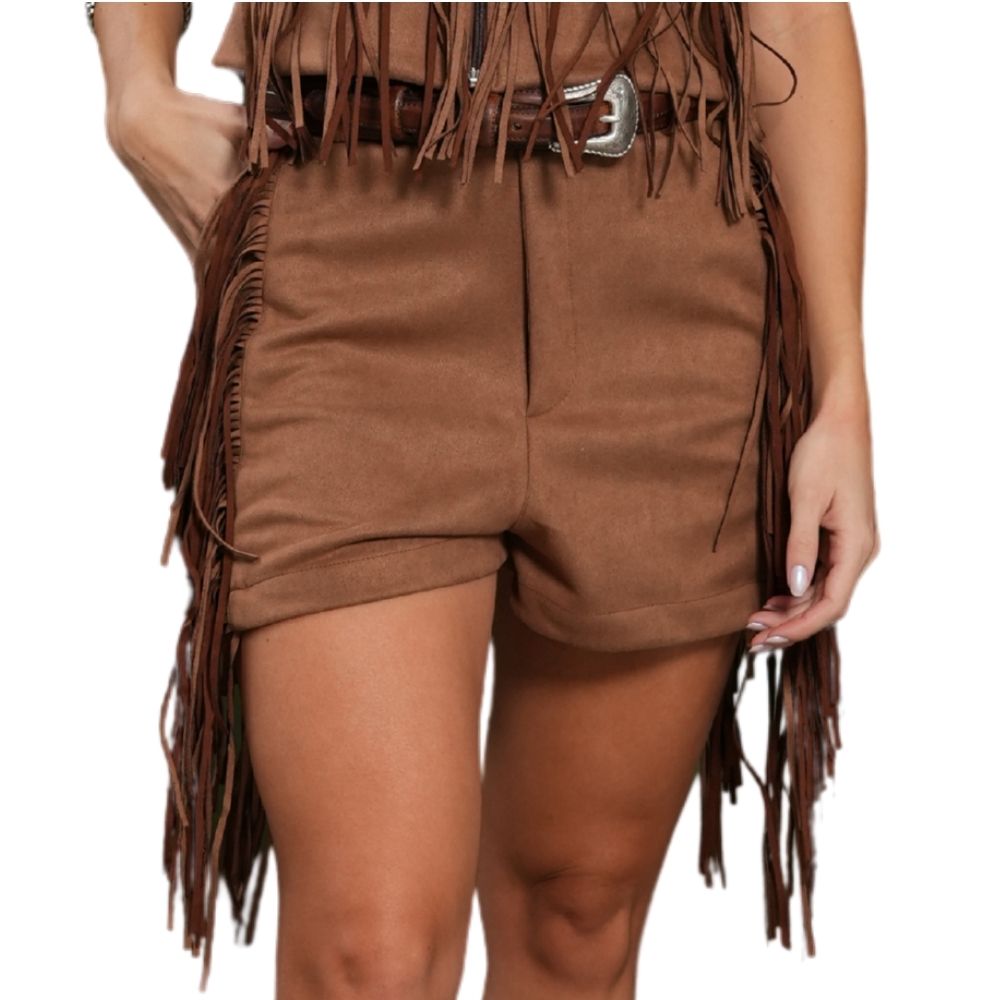 Shorts Feminino Country City Celina Marrom Com Franjas Ref: CJ2081SP