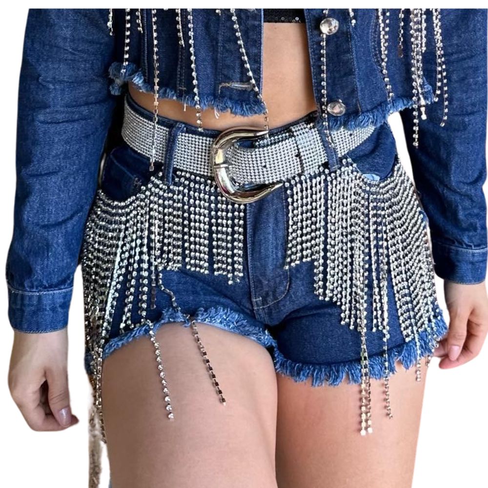 Shorts Feminino Country City Jeans Azul Escuro Com Franjas De Strass Valentina Ref.SJ1892