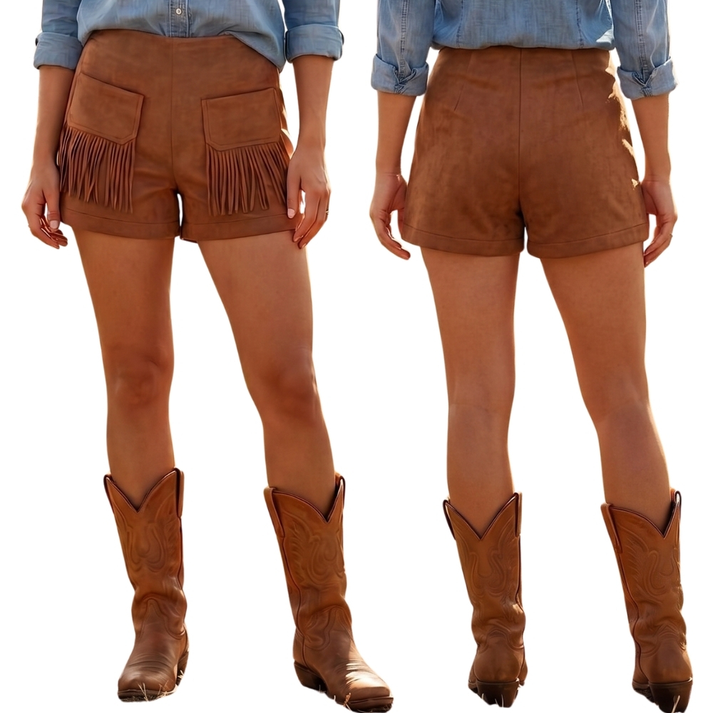 Shorts Feminino Country City Mariana Marrom Com Bolso E Franjas REF:SM21012