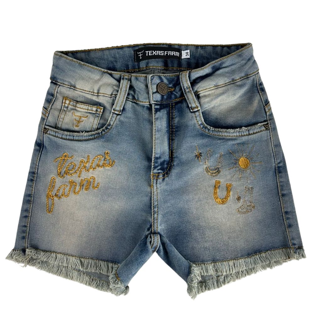 Shorts Feminino Texas Farm Jeans Médio Manchado Western Show Com Bordado Em Dourado Ref:SJF008