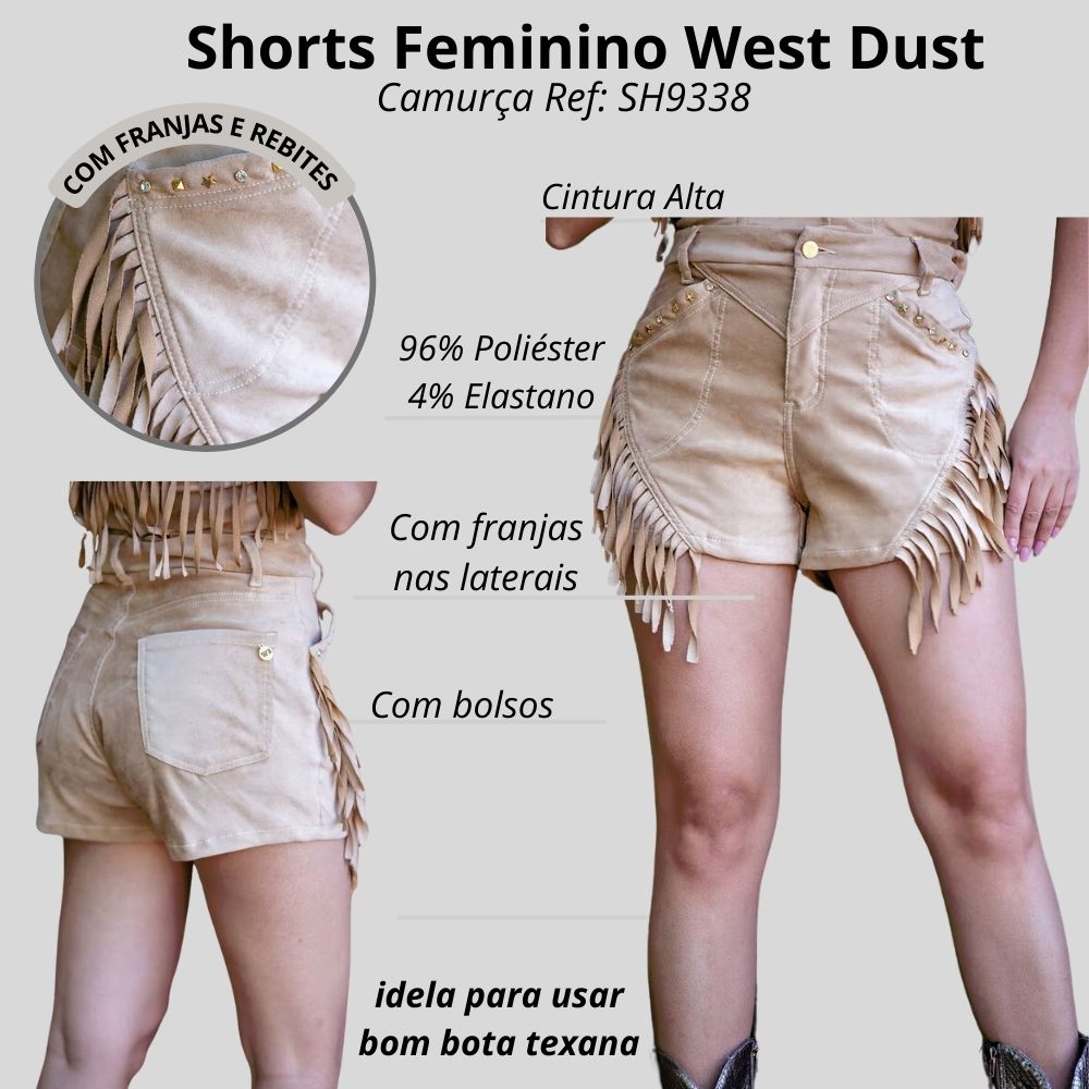 Shorts Feminino West Dust De Camurça Bege Com Detalhes Dourados De