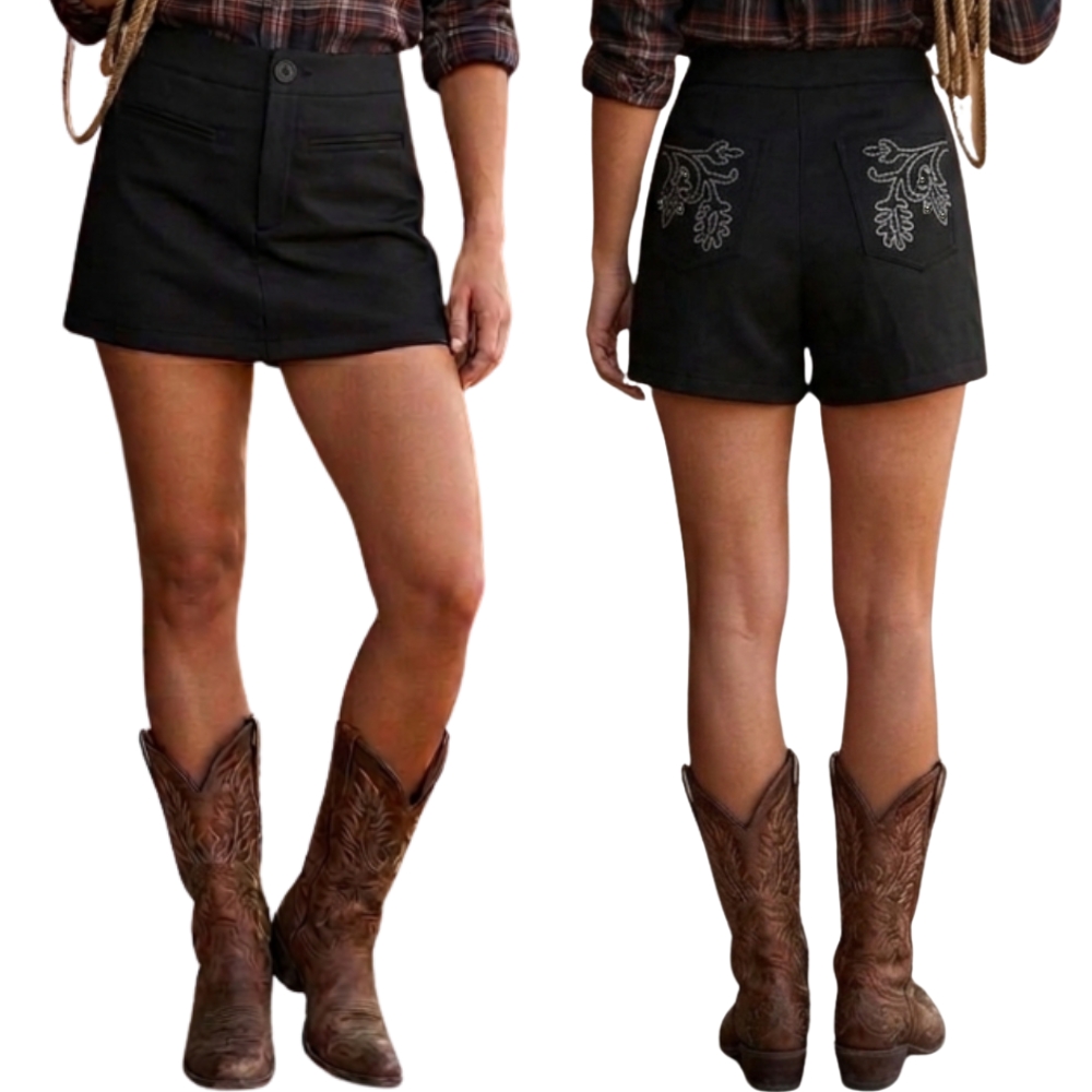 Shorts Saia Feminino Moon Horse Tiffy Preto Bordado Cinza REF:01.13.544