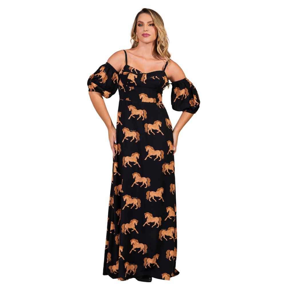 Vestido Feminino Buphallos Horses Longo Preto Estampado De Alças Manga Removível Ref:BPL1412