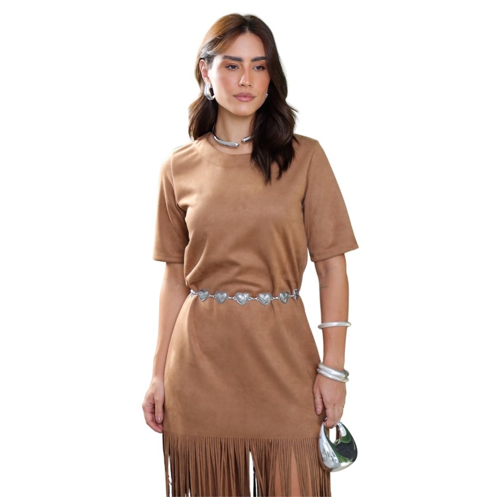 Vestido Feminino Country City Agata Marrom Tecido Grosso Com Franjas Ref: 2061F