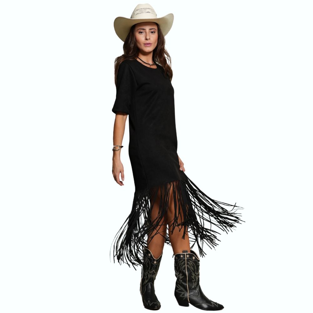 Vestido Feminino Country City Ágata Preto Manga 3/4 Tecido Grosso Com Franjas Ref: 2061F