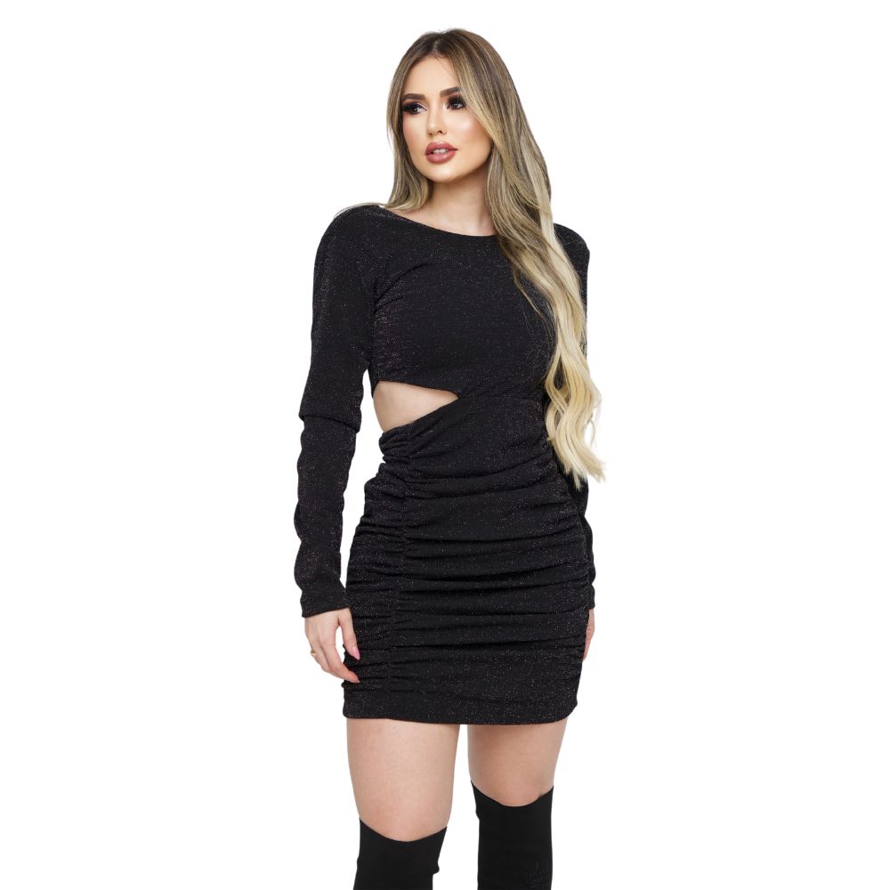 Vestido Feminino Country City Preto De Lurex Manga Longa Com Abertura Nas Costas e Barriga Ref.242 Silvia