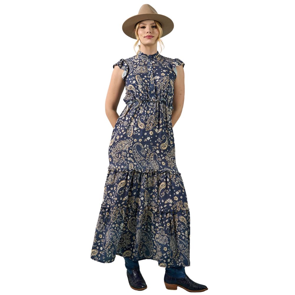 Vestido Feminino Miss Country Paisley Azul Longo Estampado Ref: 3339