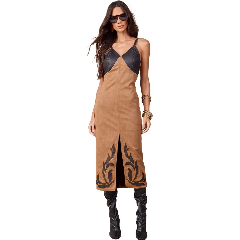 Vestido Feminino Moon Horse Laura Caramelo Longo Bordado Preto/Laranja Ref: 01.12.498