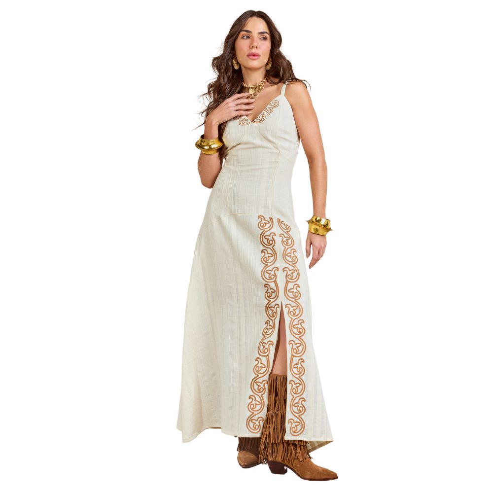 Vestido Feminino Moon Horse Longo Liz Off White Com Bordado Ref:01.11.458