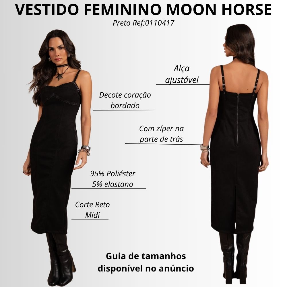 Vestido Feminino Moon Horse Midi Gale Dark Preto De Alças Com