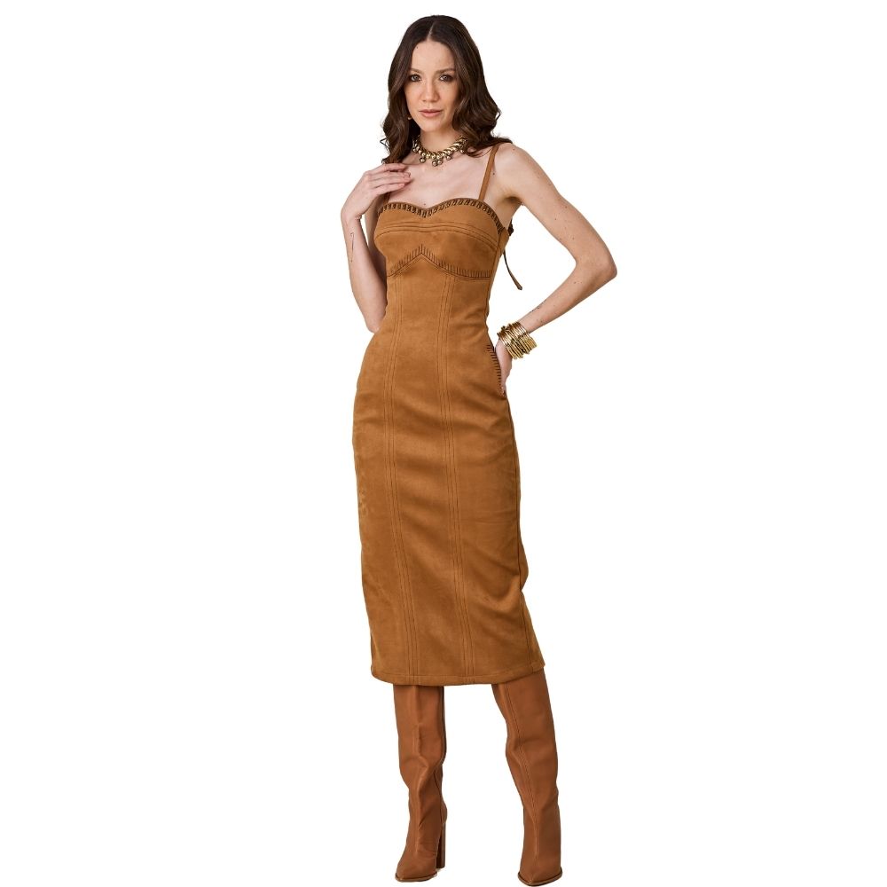 Vestido Feminino Moon Horse Midi Gale Longo Marrom CLaro De Alça E Detalhes Dourado Ref: 01.09.370UN