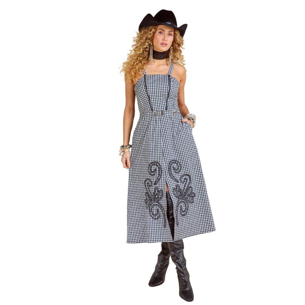 Vestido Feminino Moon Horse Midi Vichy Chrys Xadrez Preto Cinza Branco Alças Com Bordado Ref:01.11.459