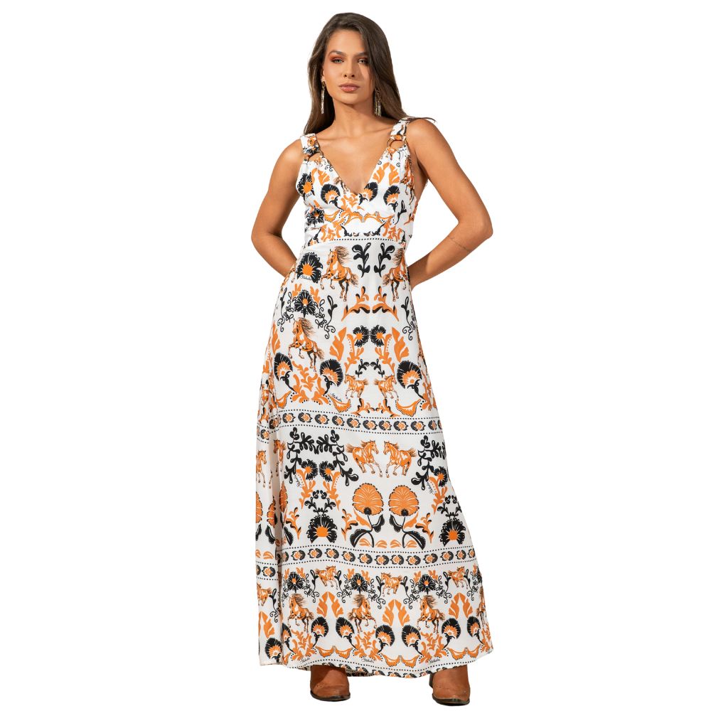 Vestido Feminino Stabulos Longo Estampado Preto E Laranja Com Fundo Branco E Alças Largas E Abertura Atrás Ref:STB616