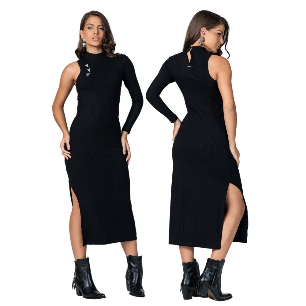Vestido Feminino Stabulos Longo Preto Canelado C/ Manga Única Bordado Cavalo Branco Ref:STB552