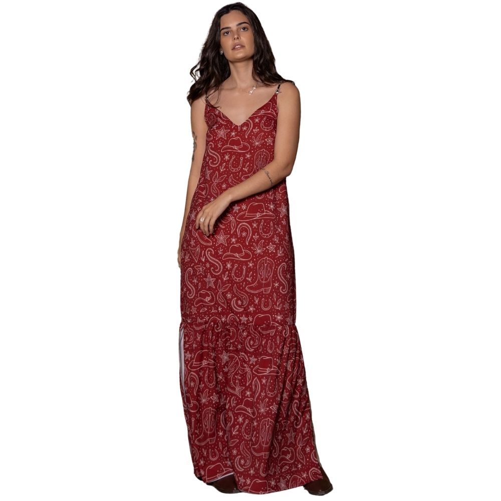 Vestido Feminino Turkese Longo Texas Holden Bordô Estampado De Alças Abertura e Franzido Na Barra Ref: VO11501