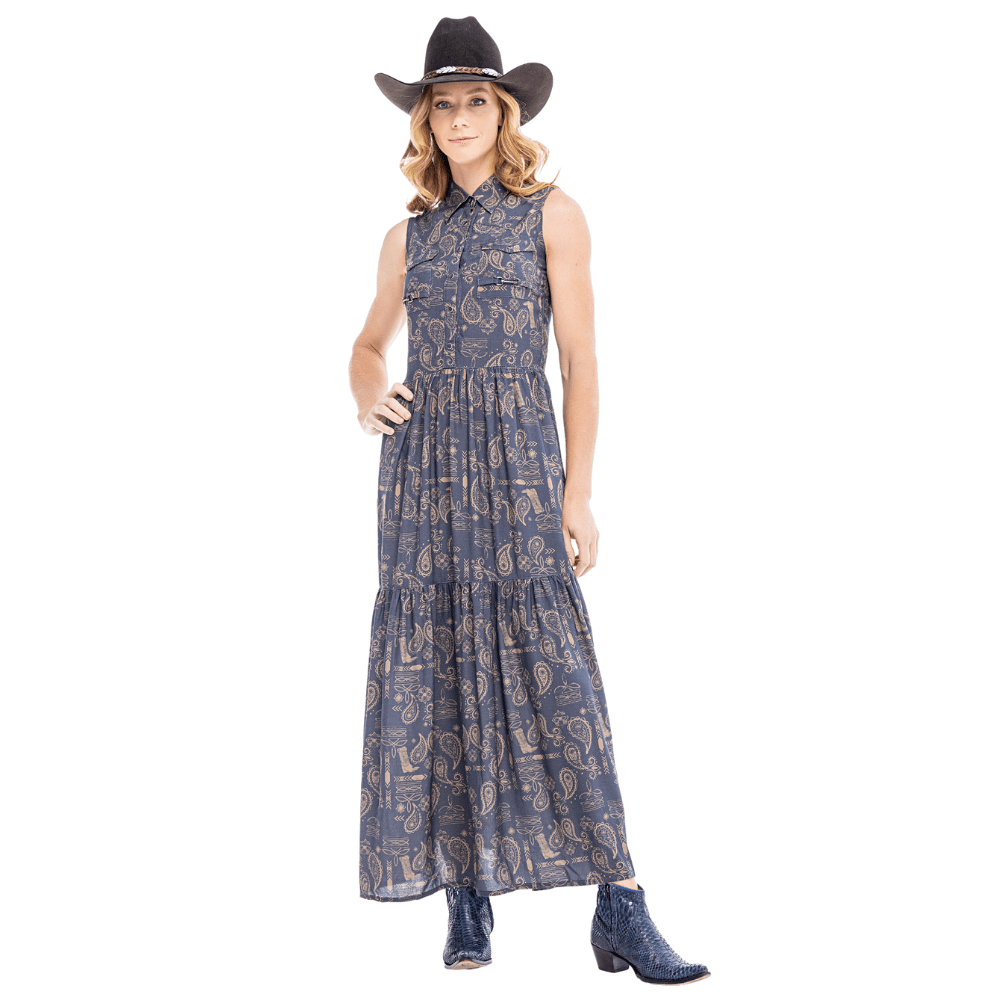 Vestido Feminino Zenz Western Alaska Longo Azul Estampado Bege Regata Ref:1409-ZW0125045