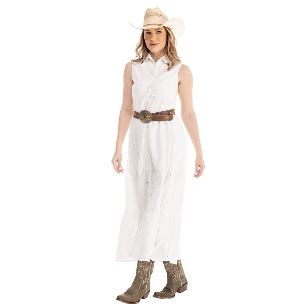 Vestido Feminino Zenz Western Merino Longo Branco S/ Manga Estilo Camisa Com Detalhe Gola C/ Botões Ref:ZW0325038-1569