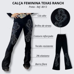 Calça Feminina Texas Ranch Preta Flare Strass Azul Ref. 8013