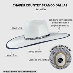 Chapéu Country Dallas Arizona Branco Bordado Azul - Ref.6500