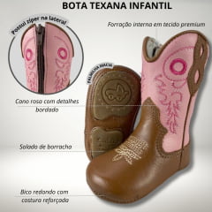 Bota Texana Baby Caminhos da Roça Caramelo Rosa - Ref. KB12