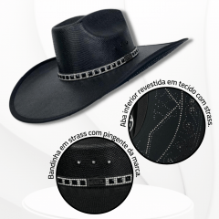 Chapéu Country Mundial Dakota Preto Branco Strass Aba 12