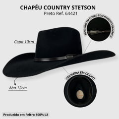 Chapéu Country Stetson Preto Carneira em Couro Ref. 64421