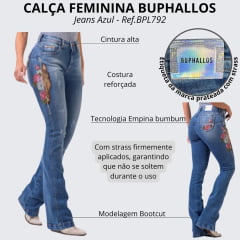 Calça Feminina Buphallos Jeans Médio Bootcut Horse Floral com Strass R. BPL792