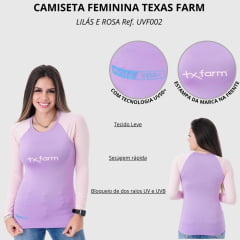 Camiseta Feminina Texas Farm UV50+ Lilás com Rosa Ref.UVF002